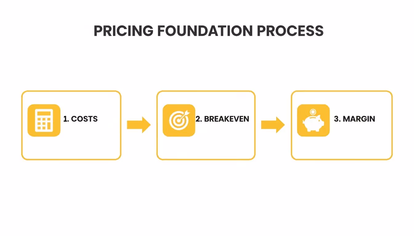 A pricing foundation process flowchart illustrating three sequential steps: Costs, Breakeven, and Margin, with corresponding icons.
