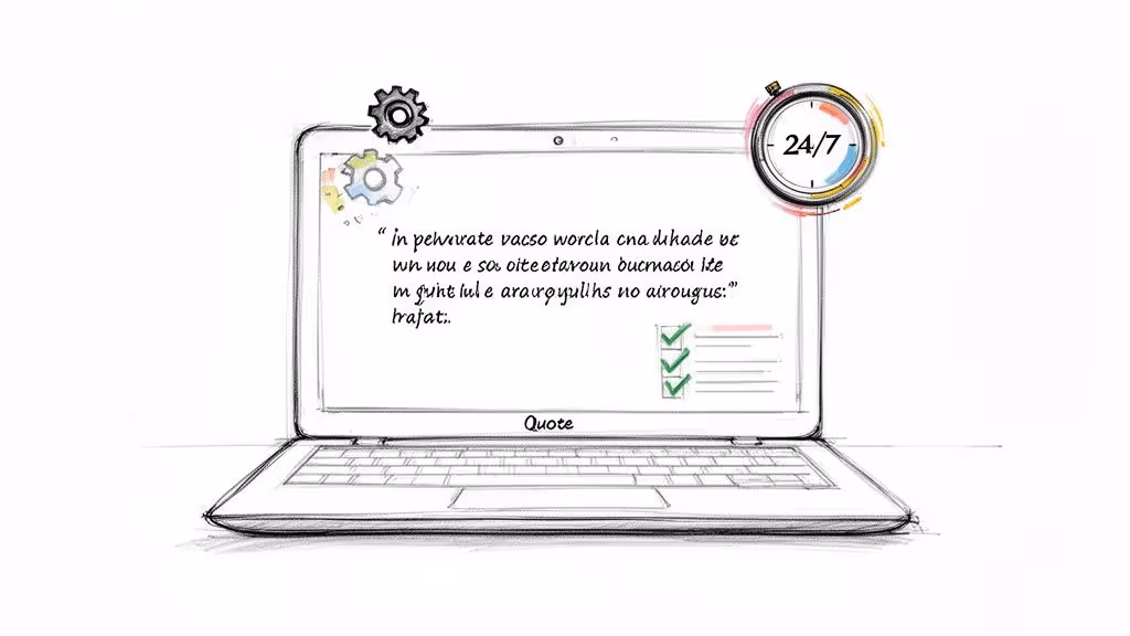 A hand-drawn sketch of a laptop screen displaying a quote, gears, and a 24/7 service icon.