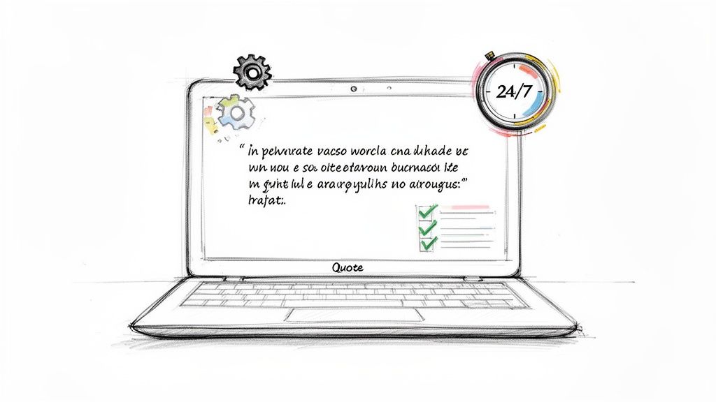 A hand-drawn sketch of a laptop screen displaying a quote, gears, and a 24/7 service icon.