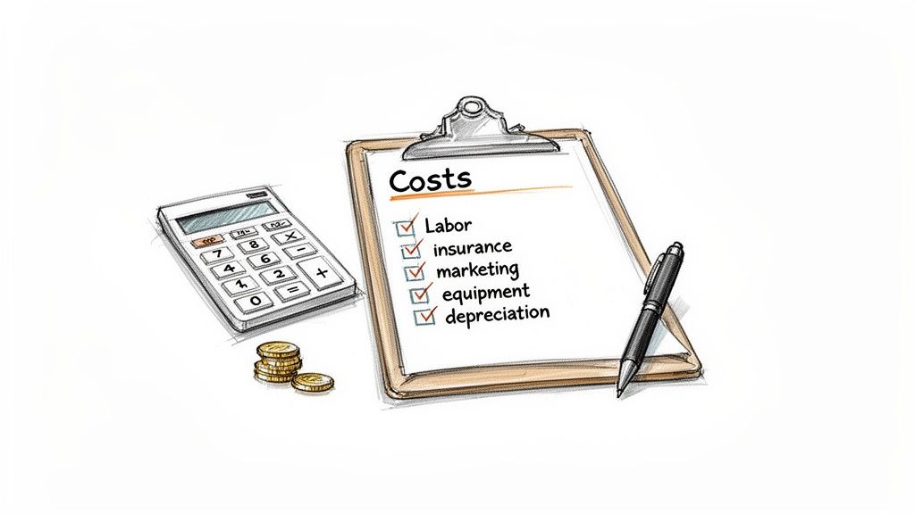 Illustration of business costs checklist on a clipboard with a calculator, coins, and pen.