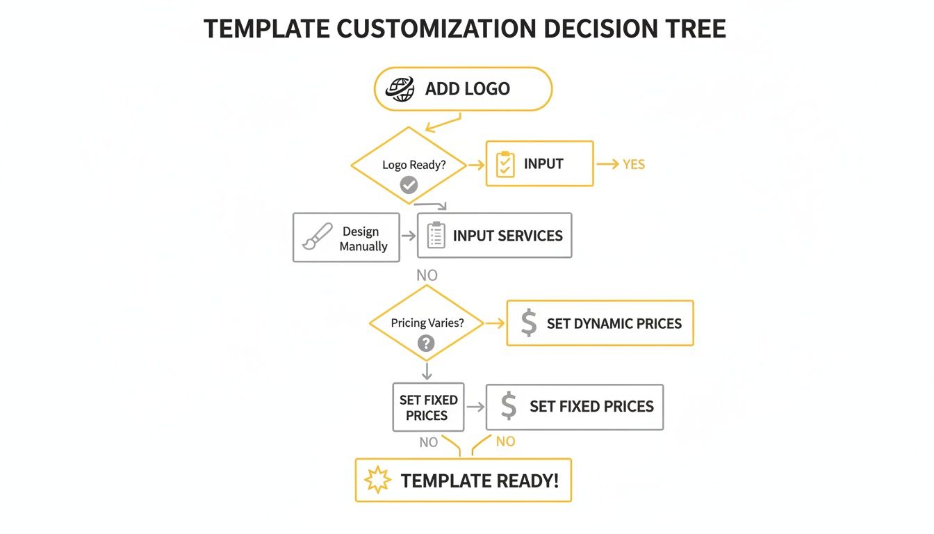 A flowchart demonstrating the template customization decision tree, covering logo, services, and pricing decisions.