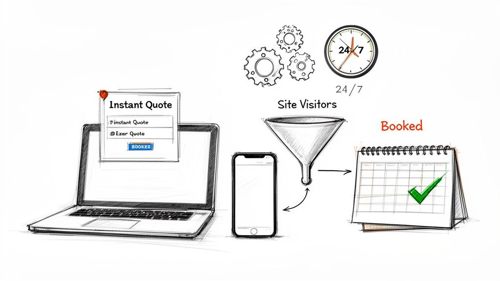 A sketch diagram illustrating an automated instant quote and booking process from site visitors to a booked calendar.
