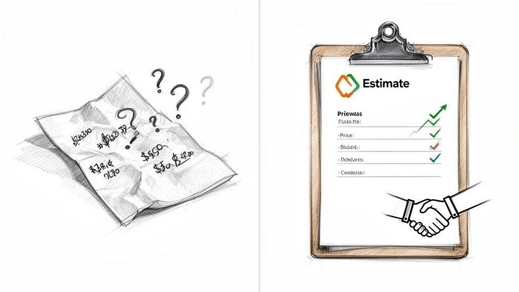 Comparison of a confusing, handwritten estimate versus a clear, professional estimate with a handshake.