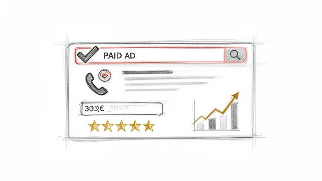 Sketch of a paid ad search result showing a price, five-star rating, phone icon, and a growth chart.