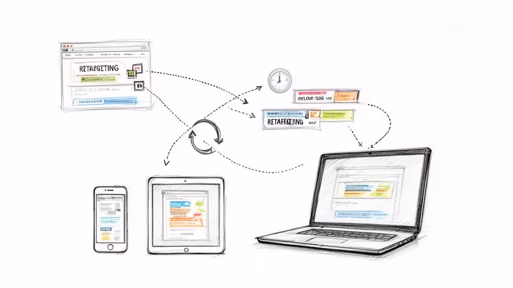 Sketch illustrating a digital marketing retargeting campaign process across web browsers and mobile devices.