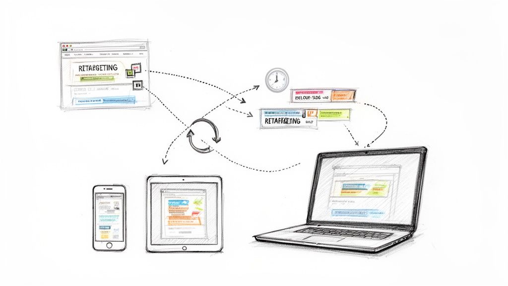 Sketch illustrating a digital marketing retargeting campaign process across web browsers and mobile devices.