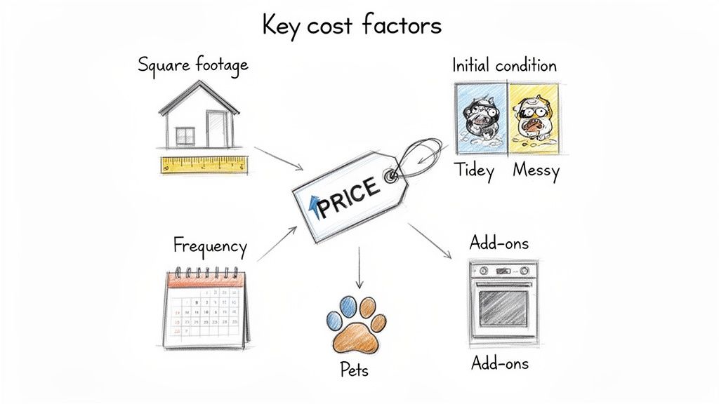 A diagram illustrating key cost factors influencing price, including square footage, condition, frequency, pets, and add-ons.