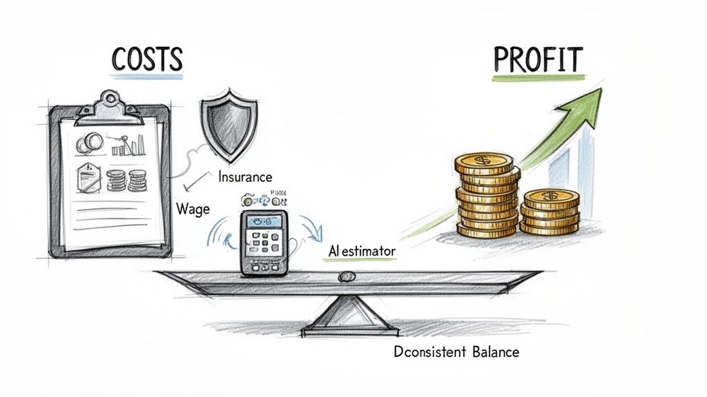 An AI estimator helps balance business costs like wages and insurance against increasing profit on a scale.
