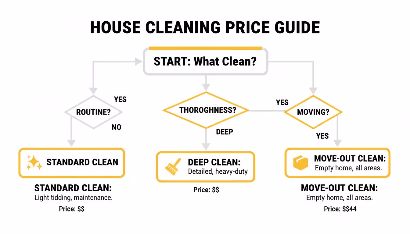 A house cleaning price guide flowchart showing options for standard, deep, and move-out cleans.
