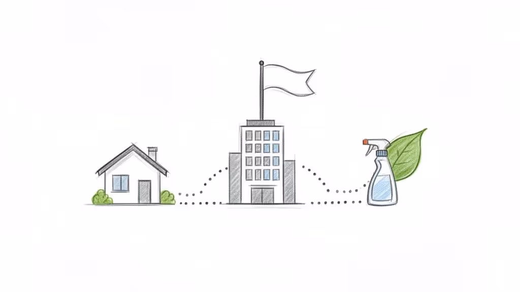 Hand-drawn illustration connecting a house to an office building and an eco-friendly cleaning spray.