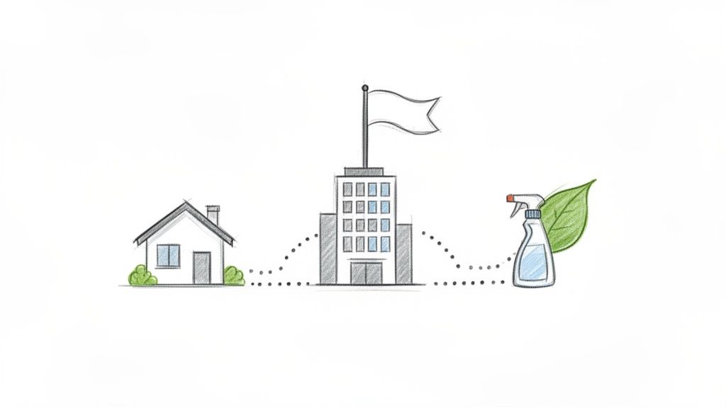 Hand-drawn illustration connecting a house to an office building and an eco-friendly cleaning spray.