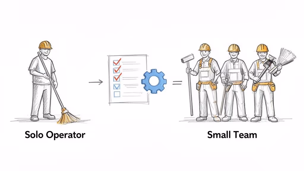 A solo operator with a broom transforms into a small cleaning team through a structured process.