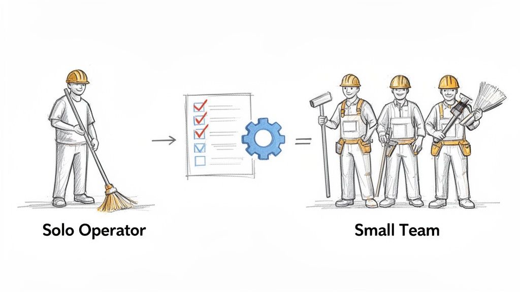 A solo operator with a broom transforms into a small cleaning team through a structured process.
