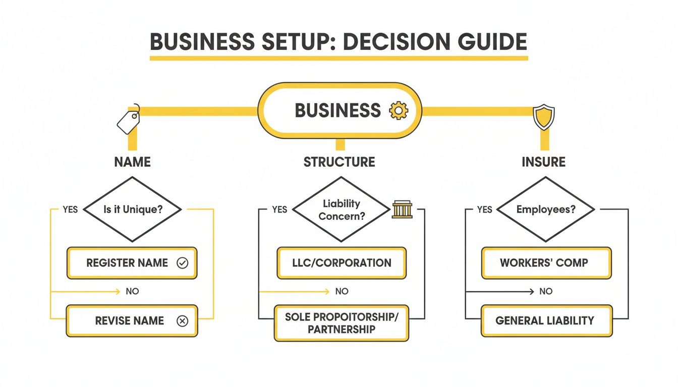 Flowchart outlining key decisions for business setup, including name, structure, and insurance.