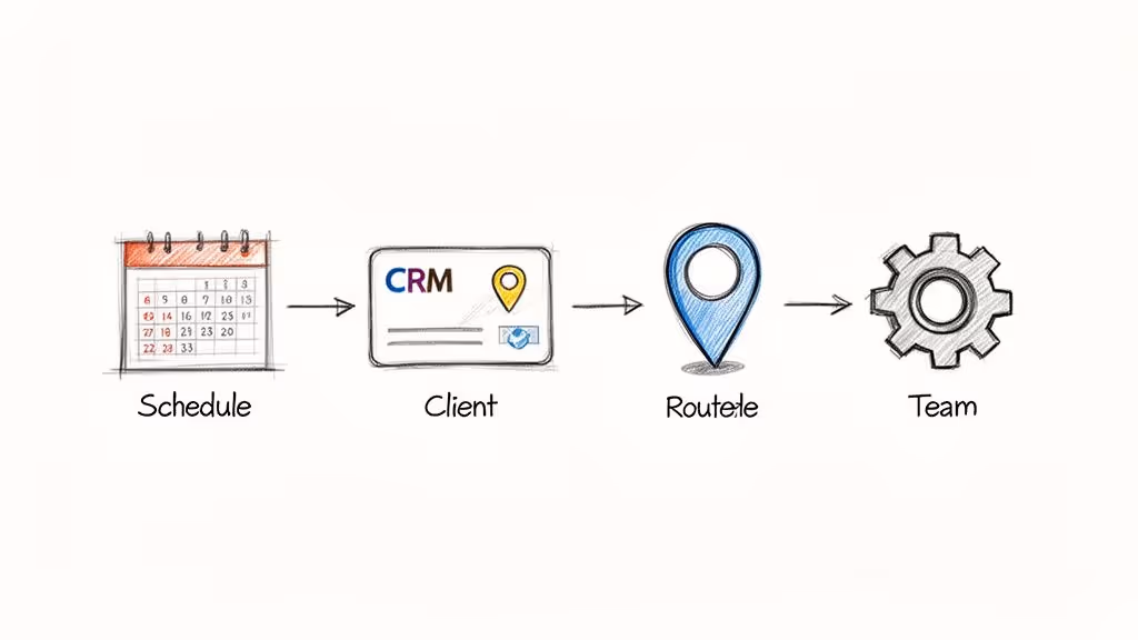 Flowchart illustrating a business process: scheduling, client CRM, route optimization, and team deployment.