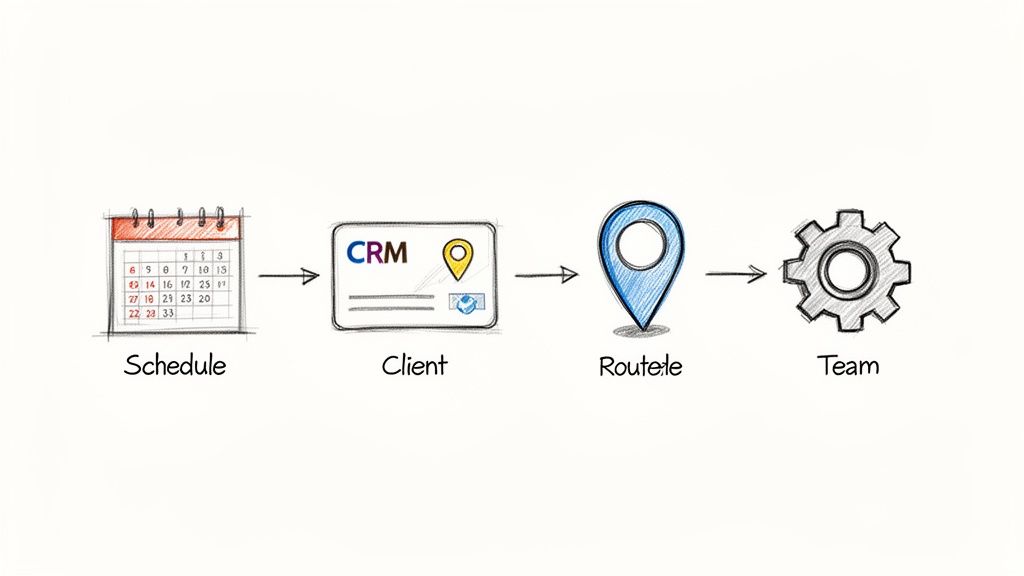 Flowchart illustrating a business process: scheduling, client CRM, route optimization, and team deployment.