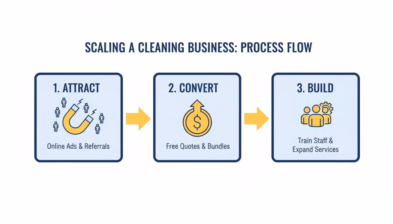 A flowchart detailing the three-step process to scale a cleaning business: Attract, Convert, and Build.