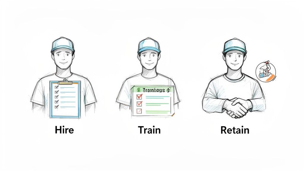Three illustrations depict the employee lifecycle: hire, train, and retain, showcasing key steps.