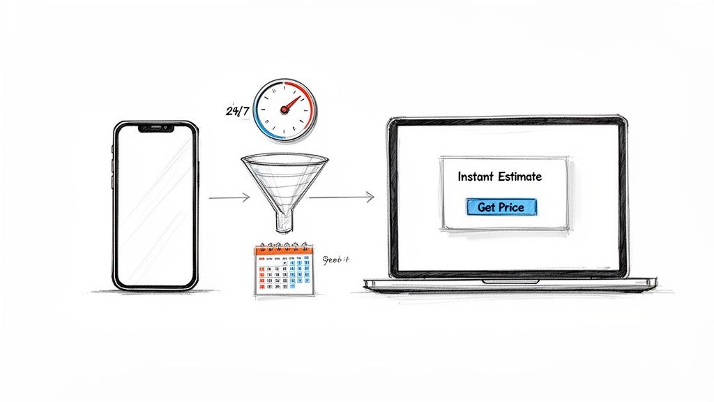 Diagram illustrating how smartphone input leads to a 24/7 instant price estimate on a laptop.