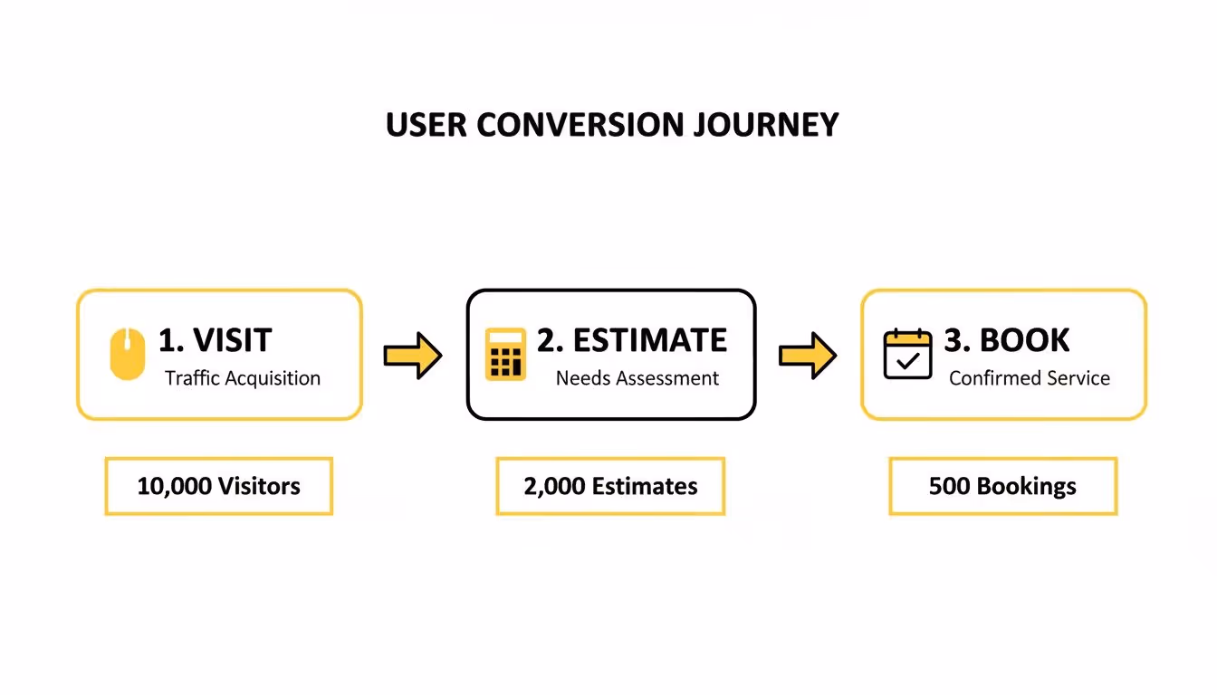 Diagram illustrating a user conversion journey from 10,000 visitors to 500 bookings through estimate and assessment.