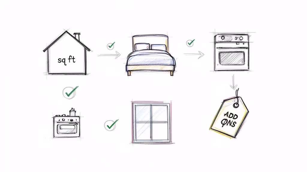 Hand-drawn flowchart illustrating various house elements like square footage, bed, appliances, and window leading to an 'ADD ONS' price tag.