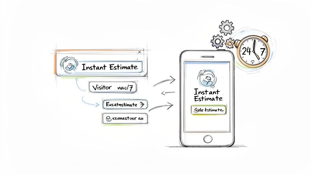 Diagram illustrating an instant estimate process on a desktop computer and mobile phone, highlighting 24/7 service.
