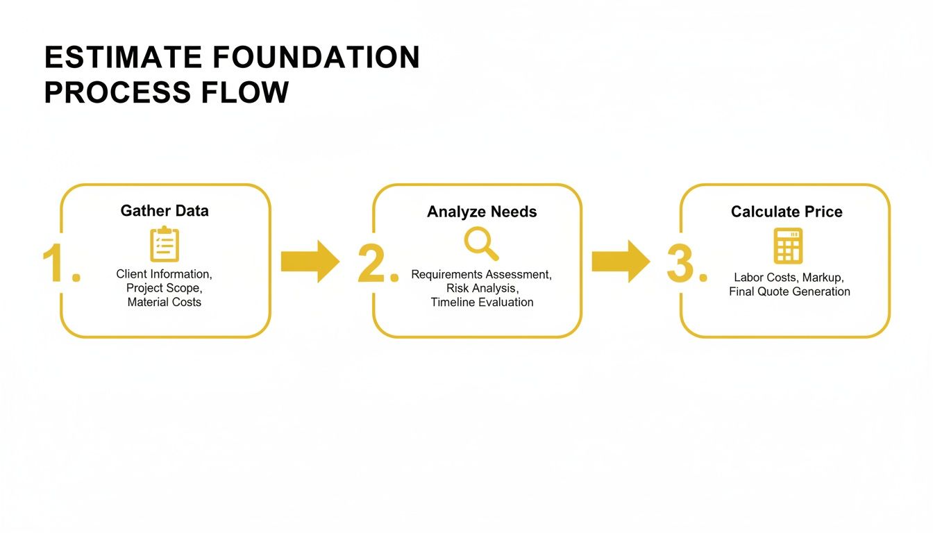 A flowchart outlining the three-step estimate foundation process: gathering data, analyzing needs, and calculating price.
