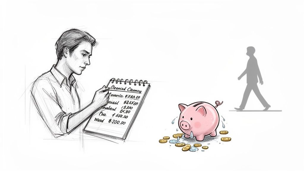 A person tallies cleaning expenses in a notebook next to a piggy bank leaking money, representing costs.