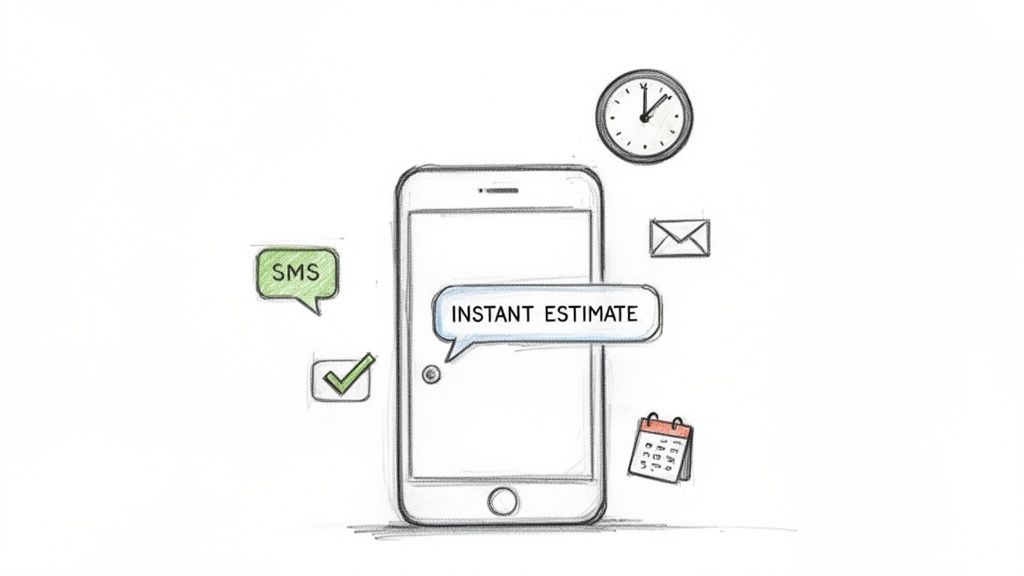 Smartphone showing 'INSTANT ESTIMATE' with icons for SMS, email, clock, and calendar for quick services.