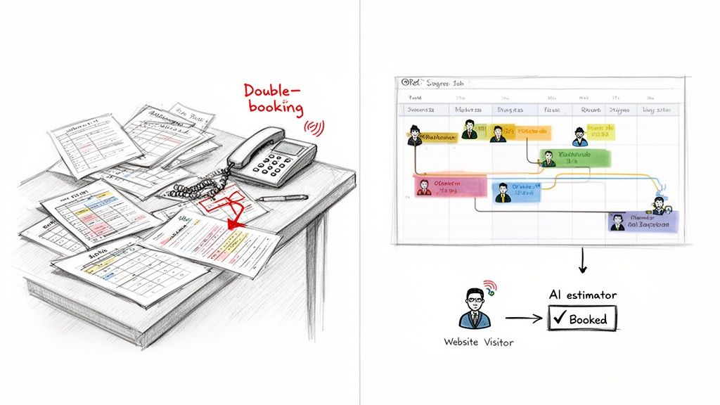 Image illustrates the contrast between manual booking chaos and AI-driven automated scheduling efficiency.
