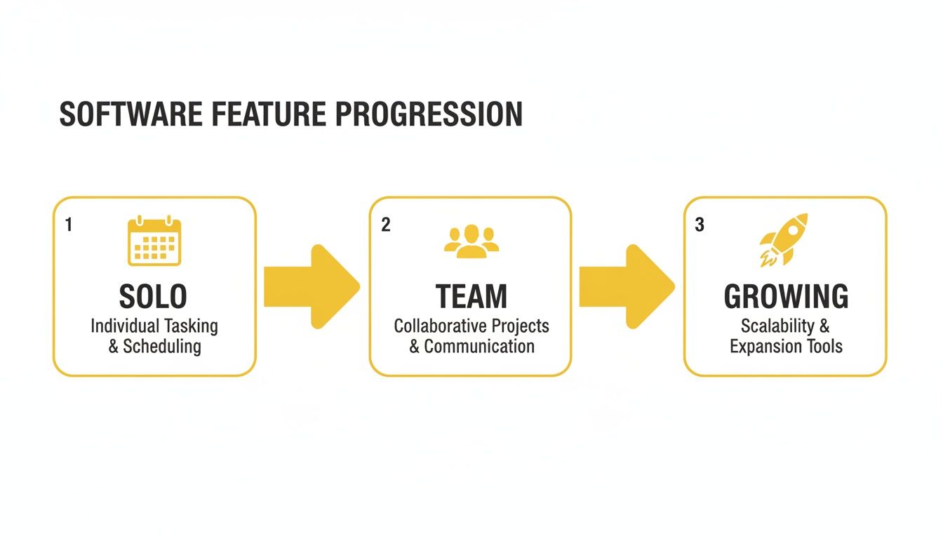Software feature progression stages: Solo (individual tasking), Team (collaborative projects), and Growing (scalability).
