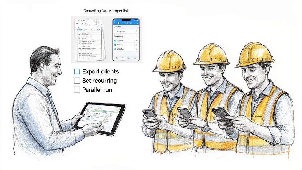 A man with a tablet and construction workers with smartphones manage tasks alongside a digital and paper list.