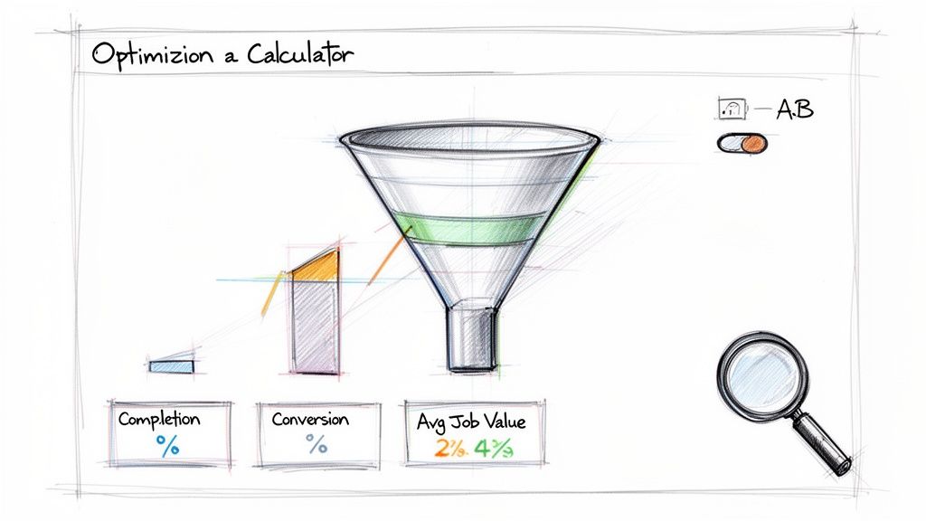 Hand-drawn diagram for optimizing a calculator, showing a funnel, bar charts, and key performance indicators.