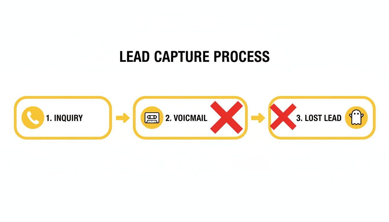 Flowchart illustrating a lead capture process leading from inquiry to voicemail and ultimately a lost lead.