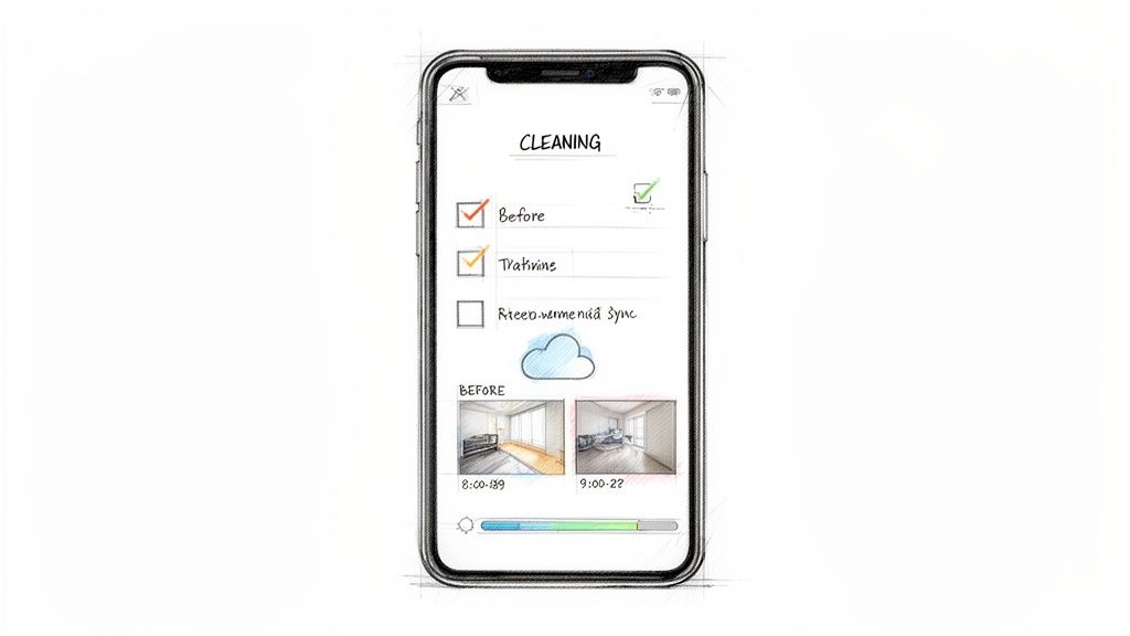 Hand-drawn smartphone app showing a cleaning checklist, cloud sync, and room images.