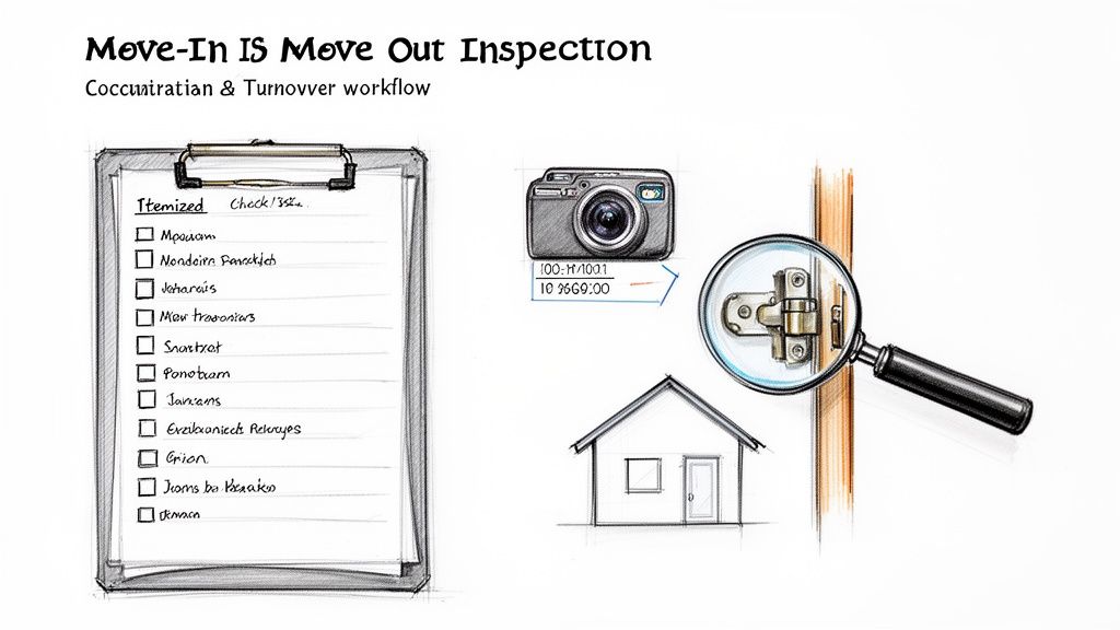 Illustration of a move-in/move-out inspection workflow, featuring a checklist, camera, and house details.