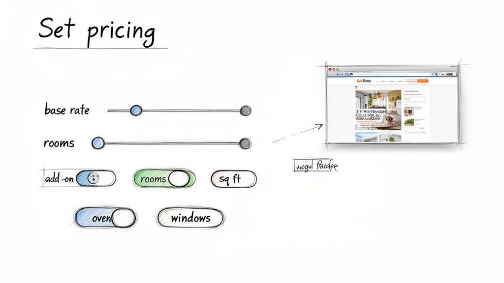 A sketch showing pricing settings with sliders for base rate and rooms, plus add-on toggles affecting a web interface.