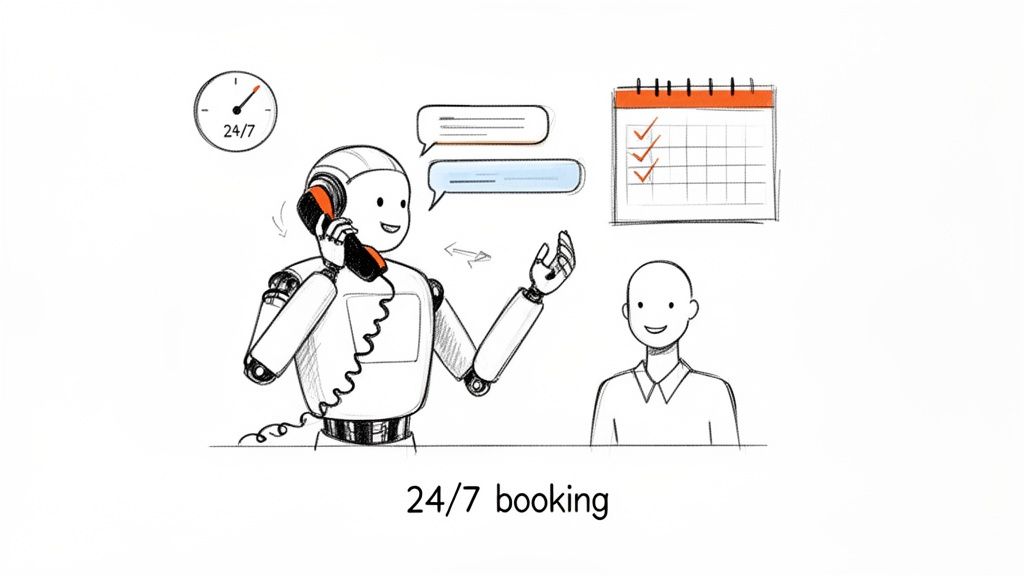 An AI robot on the phone providing 24/7 booking and customer service, with chat bubbles and a calendar.