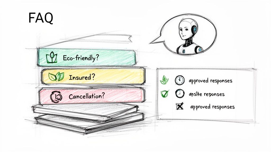 Hand-drawn illustration of an AI robot assisting with an FAQ section, featuring questions like eco-friendly and insured.