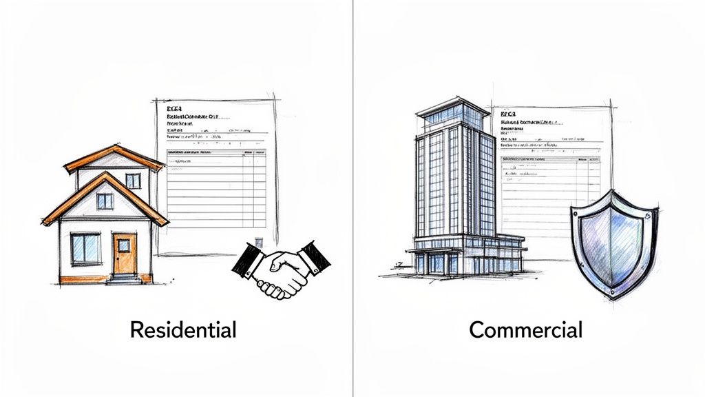 Illustrative sketch comparing residential and commercial property services, featuring a house, building, and documents.