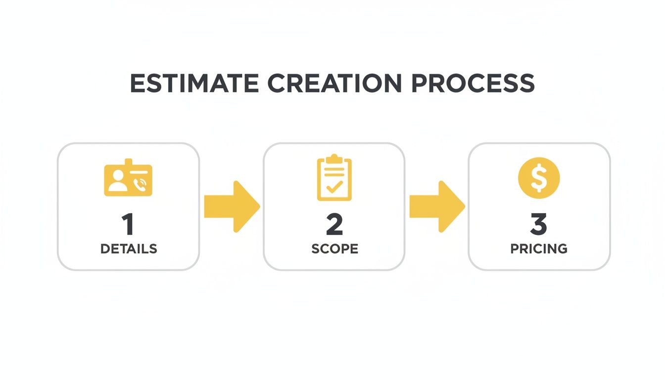 Infographic illustrating a three-step estimate creation process: details, scope, and pricing.