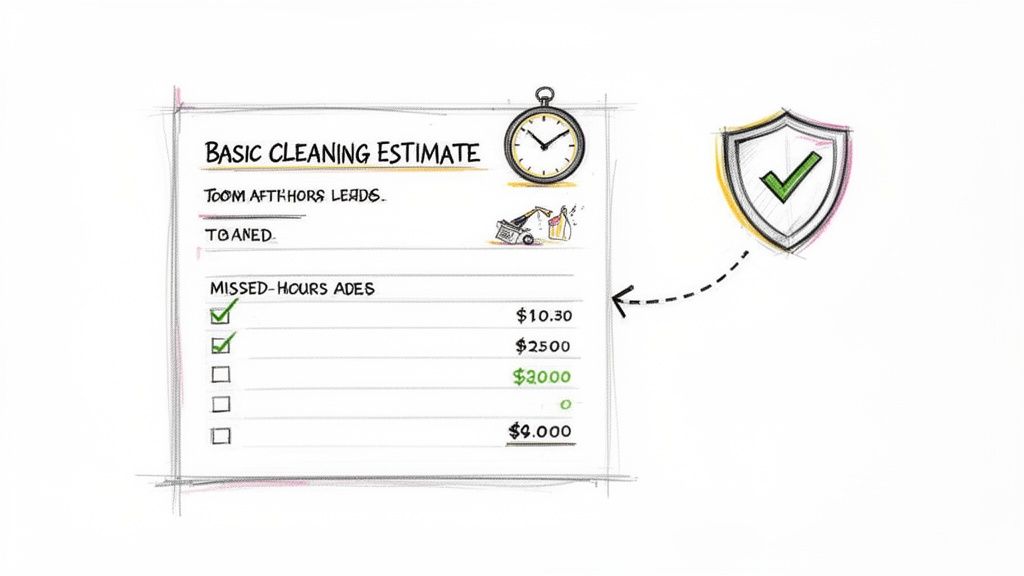 A hand-drawn basic cleaning estimate form with services, prices, a clock icon, and a green checkmark shield.