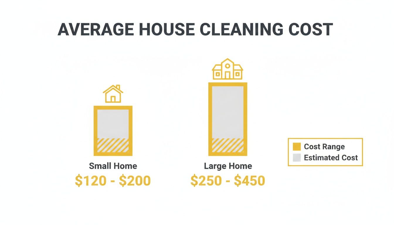 Infographic displaying average house cleaning costs for small and large homes with price ranges.