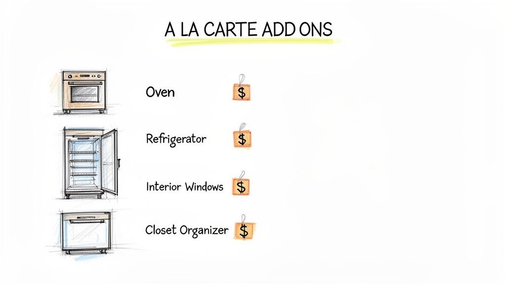 A list titled 'A LA CARTE ADD ONS' featuring sketches of an oven, refrigerator, interior windows, and closet organizer, each with a dollar sign price tag.