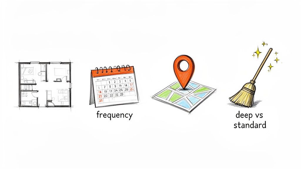 Illustrations showing house floor plan, calendar for frequency, map for location, and broom for cleaning types.