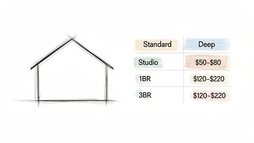 A sketch of a house next to a price table for deep cleaning services, showing costs for different apartment sizes.