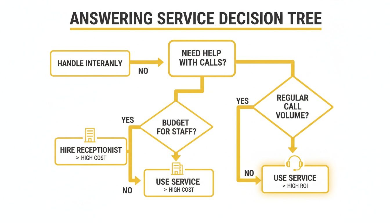 Decision tree illustrating options for managing business calls: handle internally, hire staff, or use an answering service.