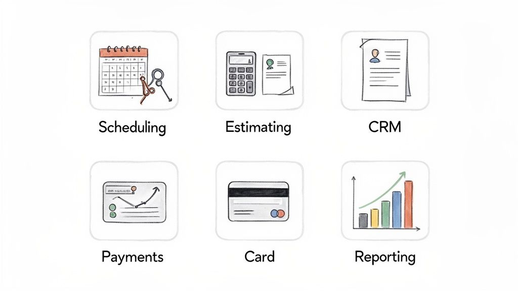 Six software feature icons: Scheduling, Estimating, CRM, Payments, Card, and Reporting for business management.