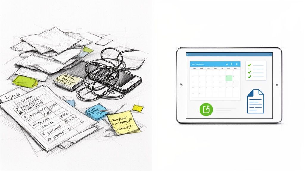 A sketch showing a messy desk with papers and a smartphone next to a tablet displaying an organized digital calendar.
