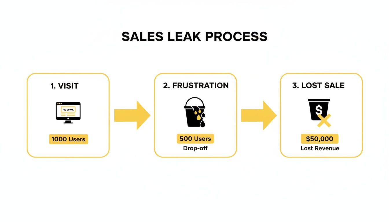 Infographic showing a sales leak process from website visits to user drop-off and lost revenue.